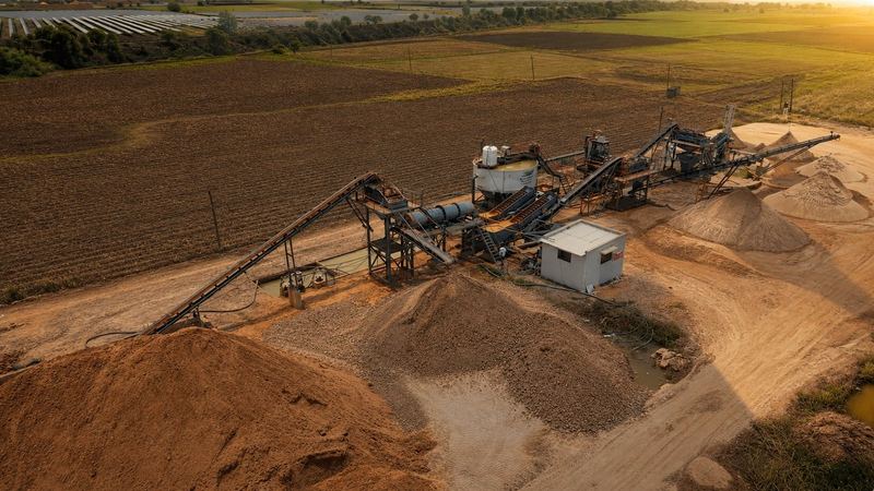 Swastik Sand Jhagadia plant - outdoor sand stockpile with conveyor system, Washed Silica Sand production facility